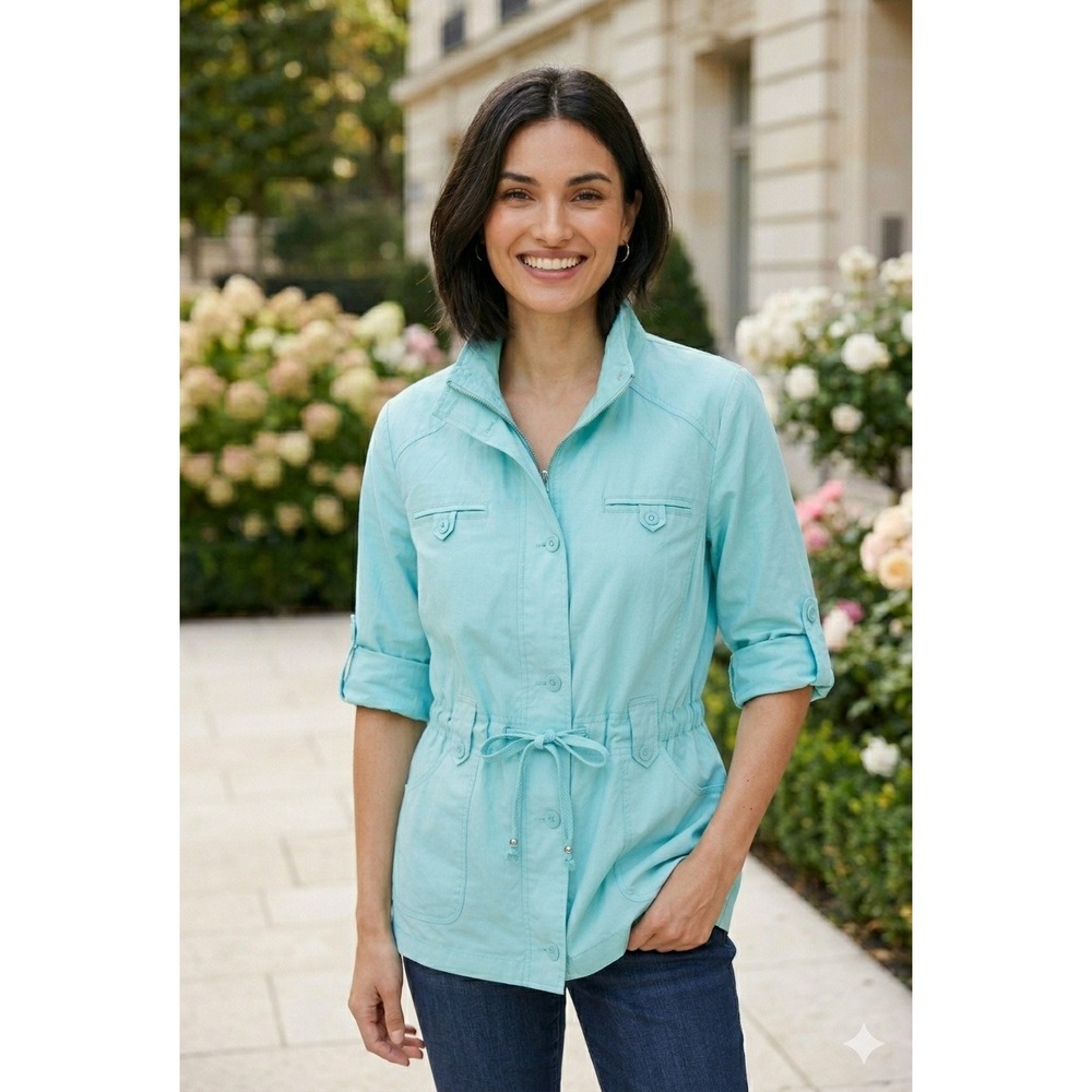 Tribal Turquoise Clean Girl Utility Jacket Military Chore Barn Teal Cotton Large